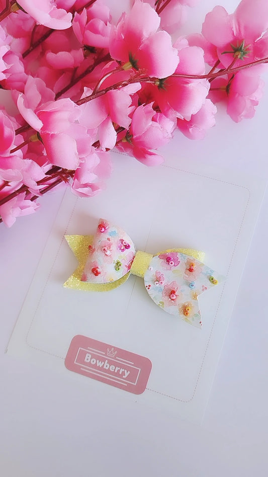 Floral Beaded bow clip ( Yellow )