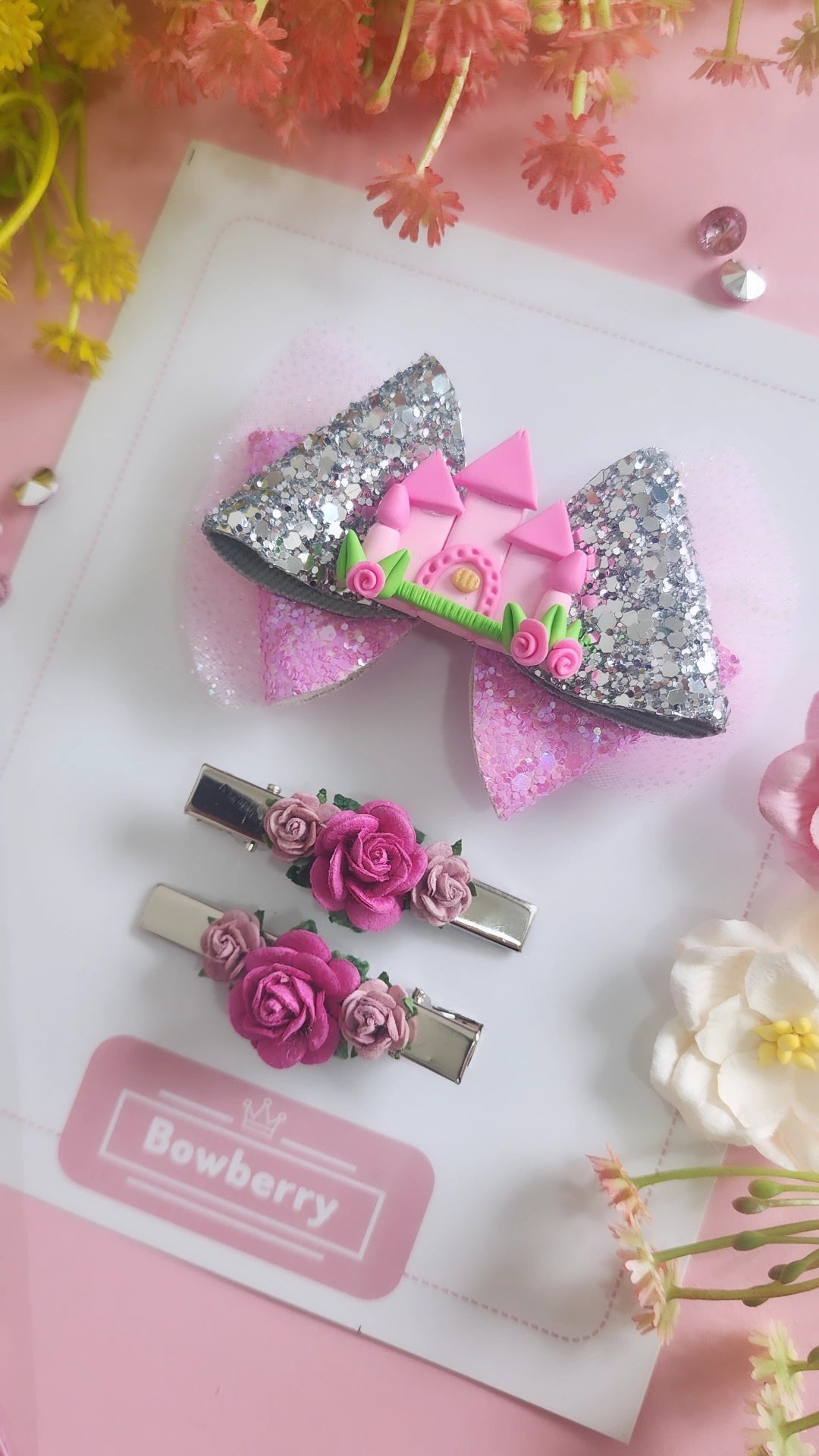 Pink Castle Bow Clip Set
